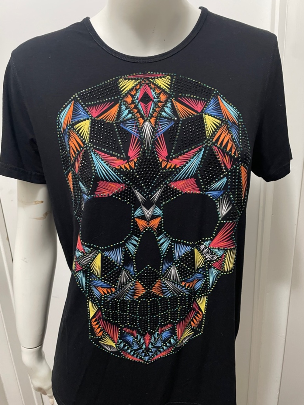 Studded Black tee with Multicolor Geometric Skull - Casual Men's Tee